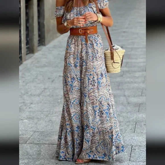 Women's Bohemian Blue Paisley Maxi Dress - Picture 2 of 4
